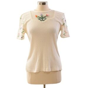 90s Lacy Afternoon White Floral Ribbon Knit Scoop Neck Top S USA